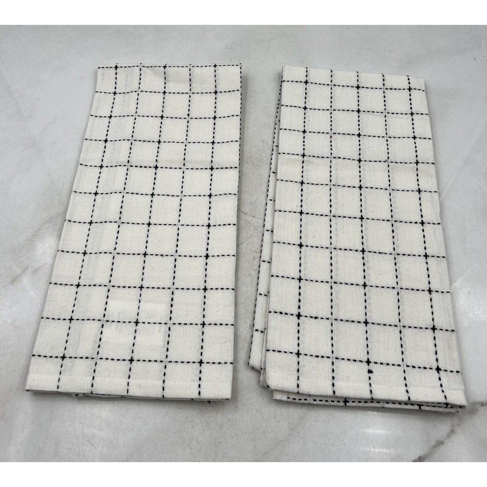 Creative Co-op Cotton Tea Towels Set of 2 Cream Black Windowpane Grid Farmhouse